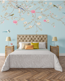 Pink Flowers and Birds in Pastel Blue (WA)