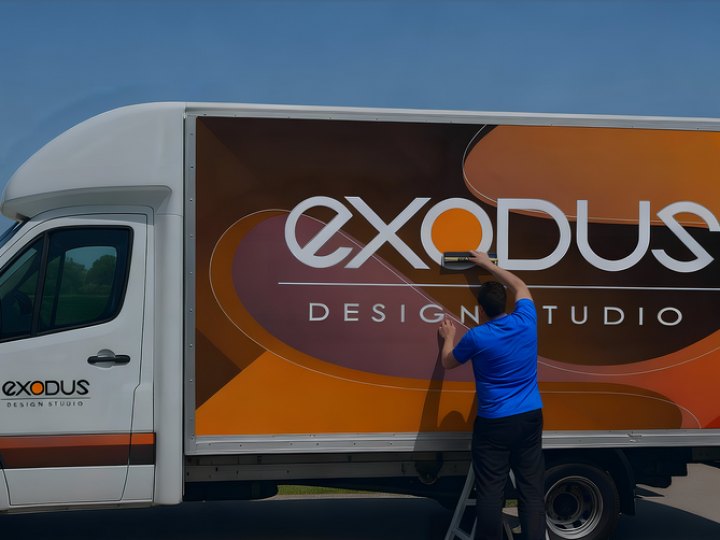 Delivery truck being wrapped with Exodus vehicle graphics