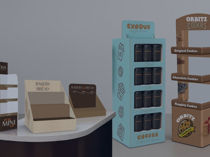 Branded free-standing cardboard display units produced by Exodus